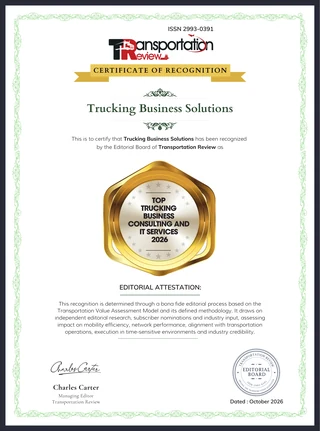 Transportation Review Certificate of Recognition for Trucking Business Solutions, Top Trucking Business Consulting and IT Services 2026, dated October 2026